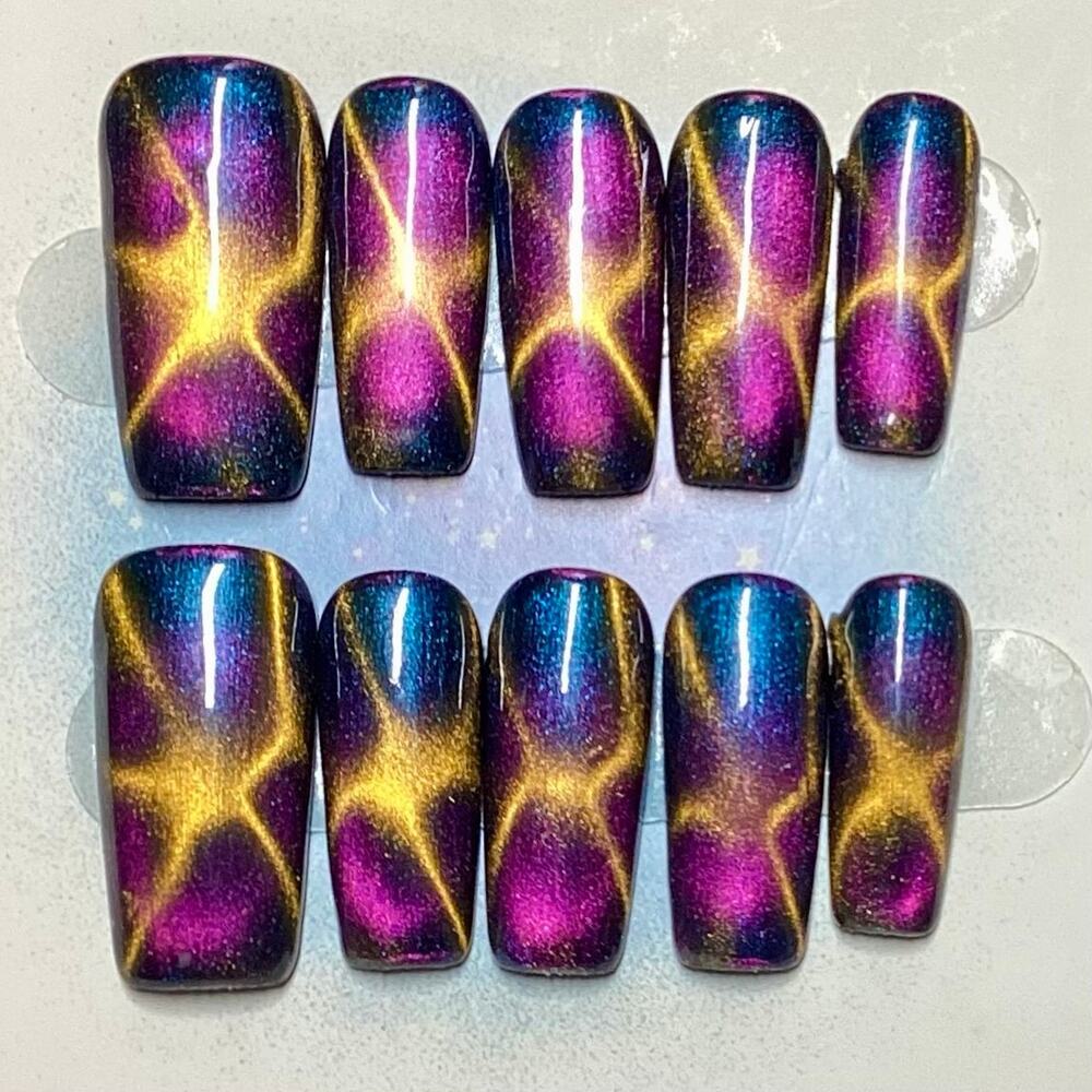 Exploding Supernova Yellow Blue Fuchsia Cat Eye Almond Press-On Nails Size S M